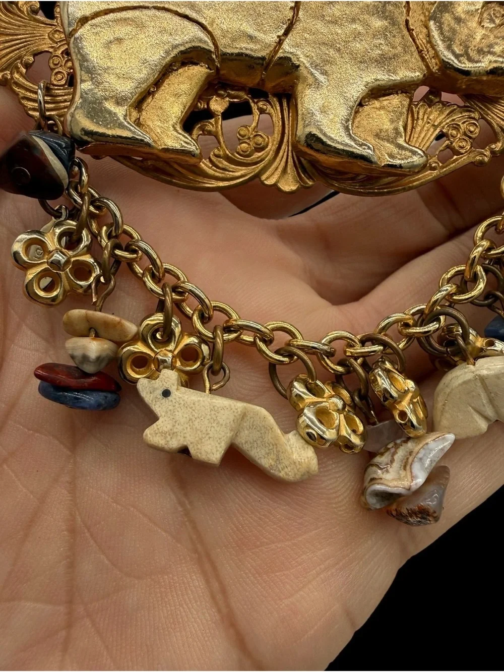 Vintage Roxsann Three Ladies Gold Bear Charm Brooch with Stone Animal Accents